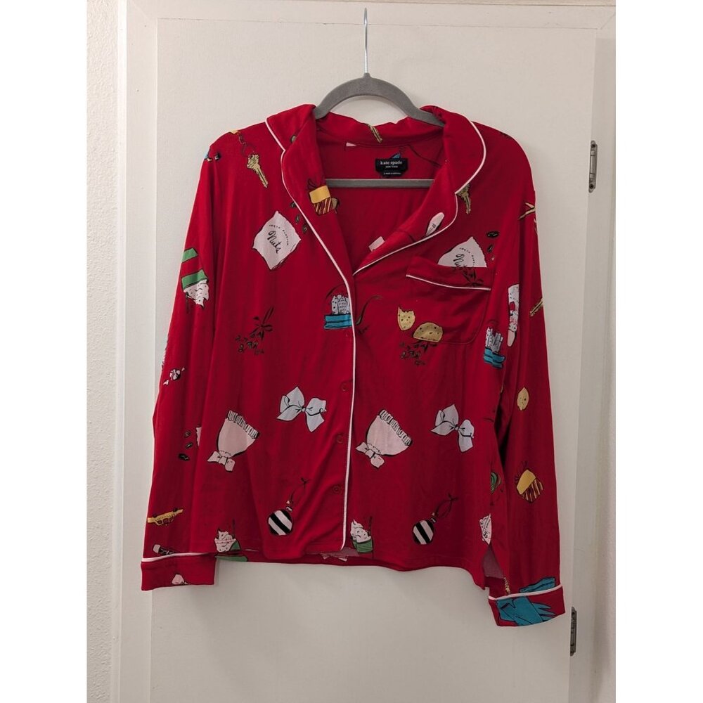 Kate Spade Holiday-Themed Red Button-Up Pajama Top With Festive Print & Piping